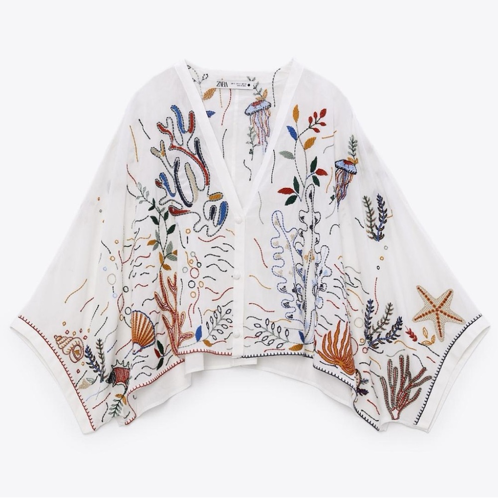 Embroidered White Kimono with Ocean Motifs